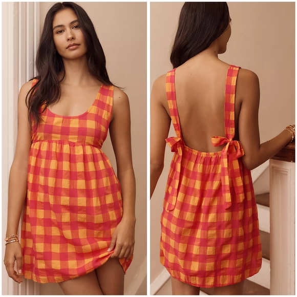 Anthropologie Dresses & Skirts - By Anthropologie, Pink And Orange Gingham Apron Mini Nap Dress